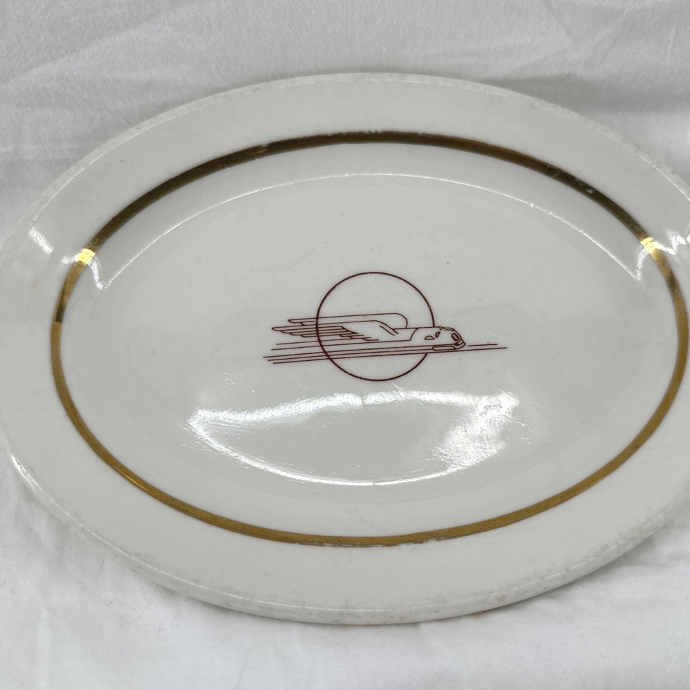 Vintage Streamline Train Logo Oval Platter White Art Deco Restaurant Ware 8x6